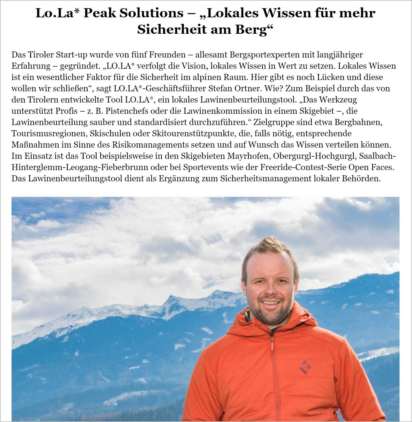 Innovativ & sportlich, Presseartikel | LO.LA Alpine Safety Management