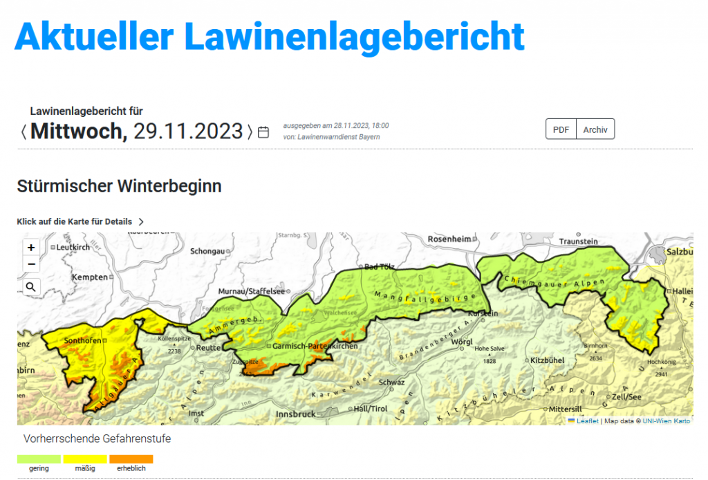 Screenshot Lawinenlagebericht der LWD Bayern Website | © LWD Bayern