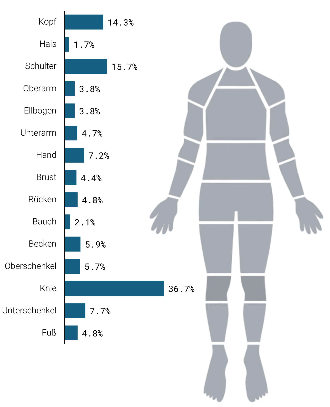 Verletzungsbereich in Prozent, welcher bei der Erstdiagnose angeben wurde. Es sind auch Mehrfachnennungen möglich. Zeitraum: 01.10.25 – 12.04.26 | (c) LO.LA RESCUE Tool